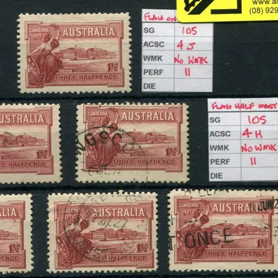 1927 1½d Canberra with "half mast flag" variety x ...