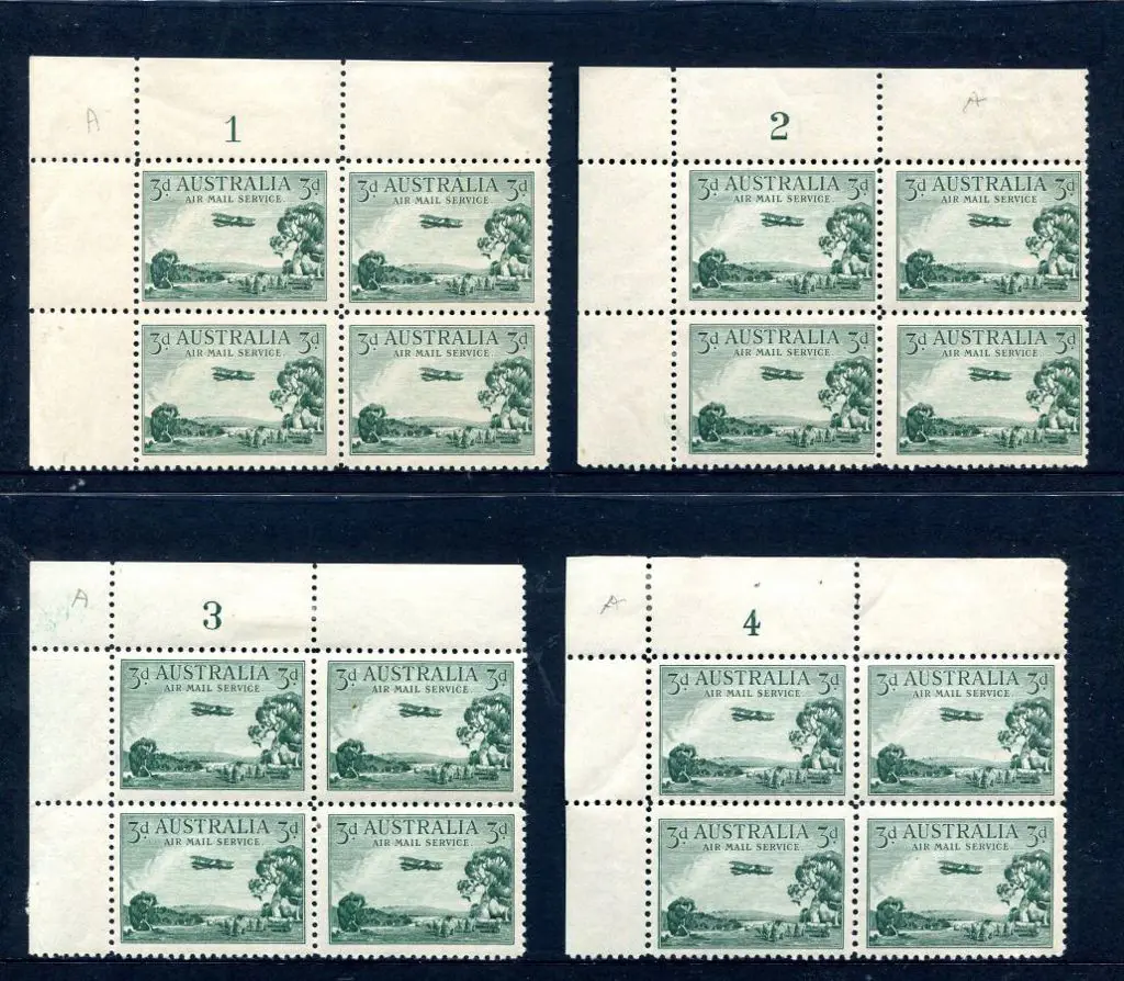 1929 3d Airmail, type A in Plate 1-4 blocks of 4. ... Image 1++