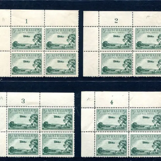 1929 3d Airmail, type A in Plate 1-4 blocks of 4. ...