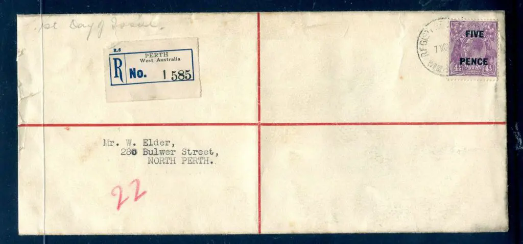 1930 (7th Nov) "FIVE PENCE" on 4½d KGV violet tied ... Image 1++