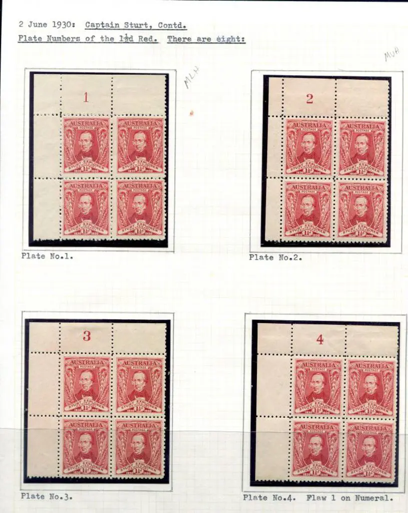 1930 1½d Sturt in Plates 1-8 blocks of 4. MUH/MLH. ... Image 1++