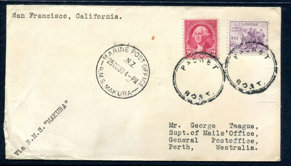1933 (15th Mar) San Francisco to Perth endorsed ... Image 1++