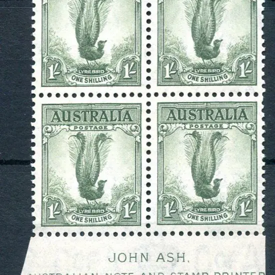 1937 1/- lyrebird John Ash imprint block. Fresh ...
