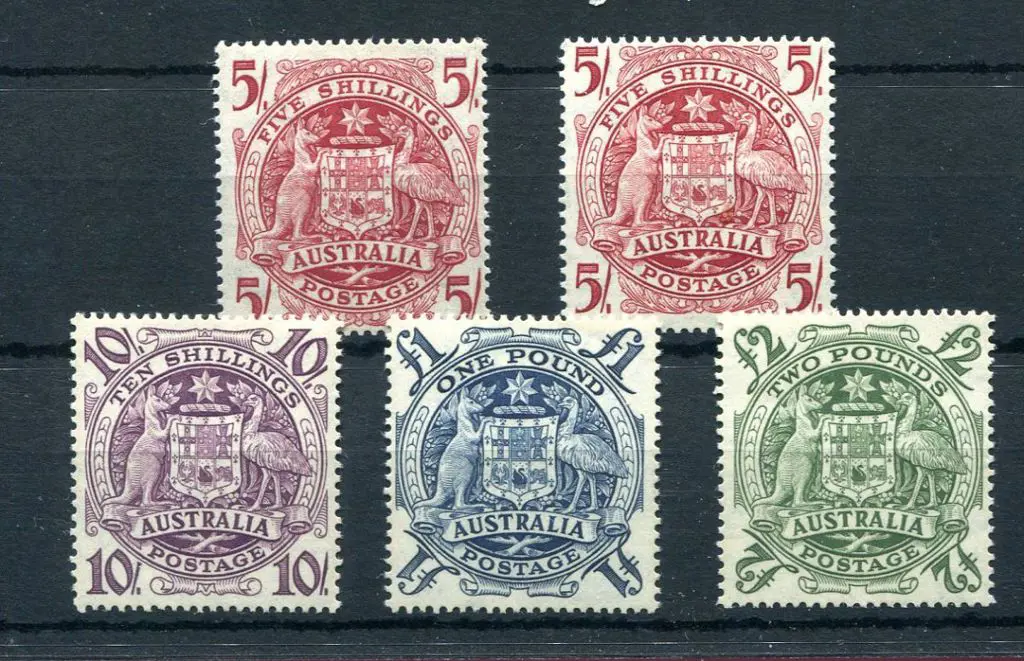 1949/50 Arms set of 5 incl 5/- on thin paper. ... Image 1++