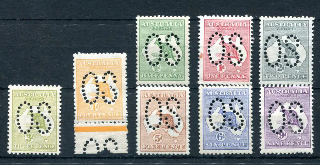 1913 ½d to 9d kangaroos, 1st wmk, perfined large ... Image 1++