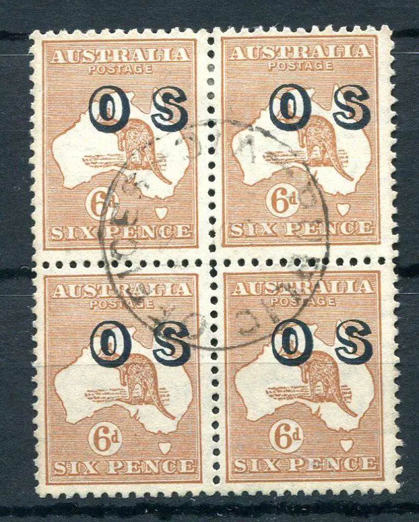 1931/47 6d chestnut ovptd "OS" postally used block ... Image 1++