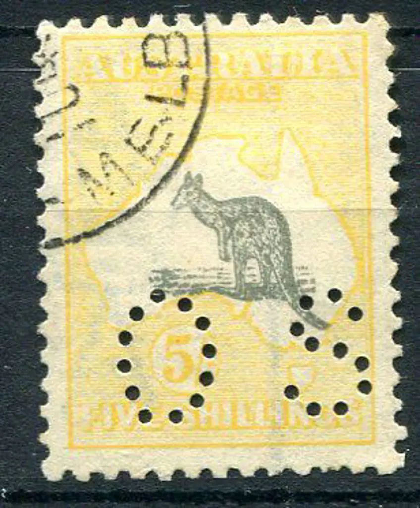 1915/28 5/- grey & pale yellow perfined "OS" at ... Image 1++