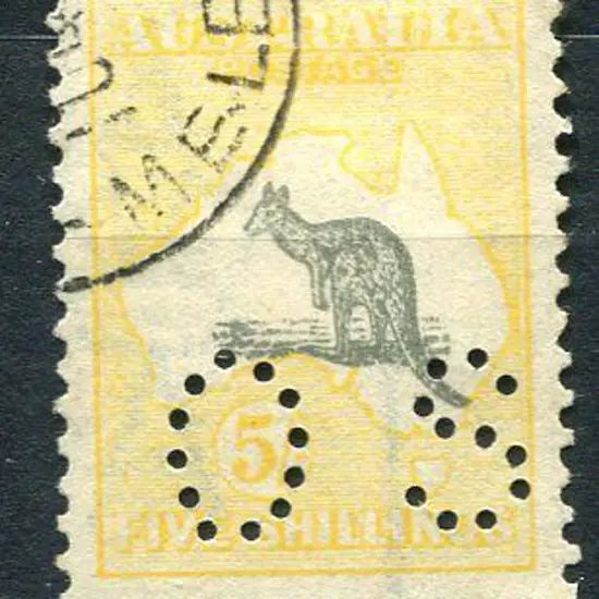 1915/28 5/- grey & pale yellow perfined "OS" at ...