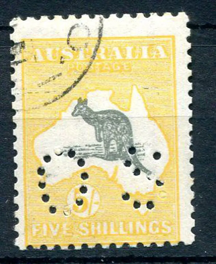 1915/28 5/- grey-black & deep yellow perfined "OS" ... Image 1++
