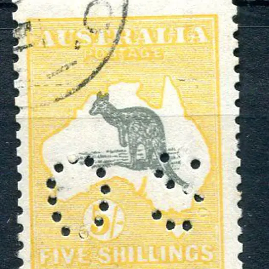 1915/28 5/- grey-black & deep yellow perfined "OS" ...