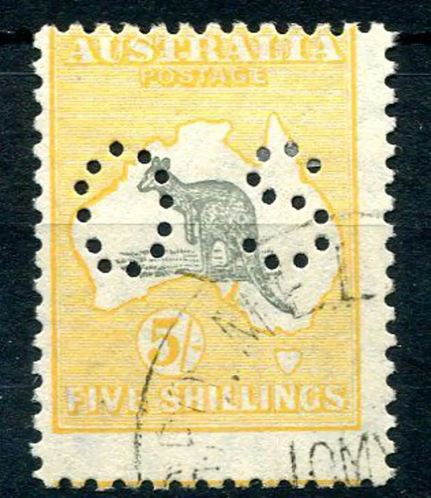 1929 5/- grey & yellow-orange kangaroo, SMW ... Image 1++
