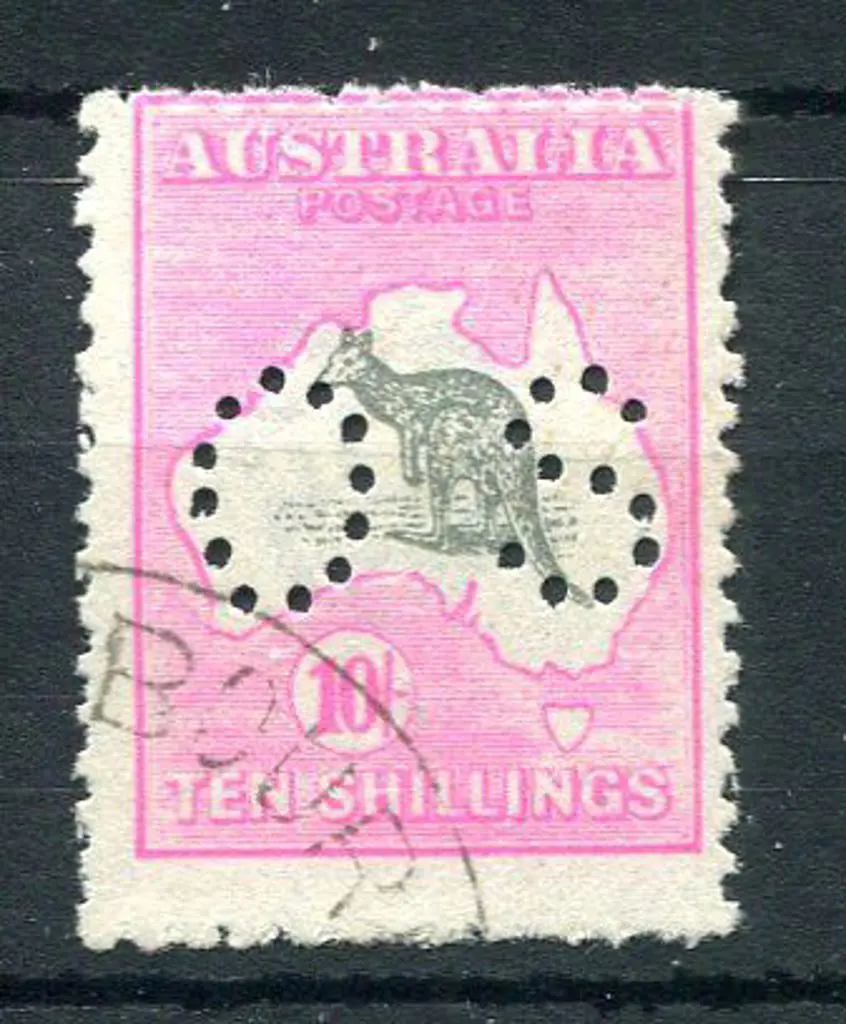 1918 10/- grey & pink, 3rd wmk perfined "OS". Fine ... Image 1++