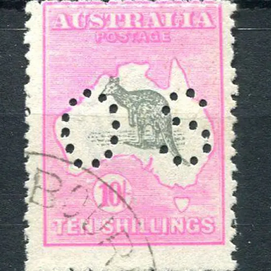 1918 10/- grey & pink, 3rd wmk perfined "OS". Fine ...