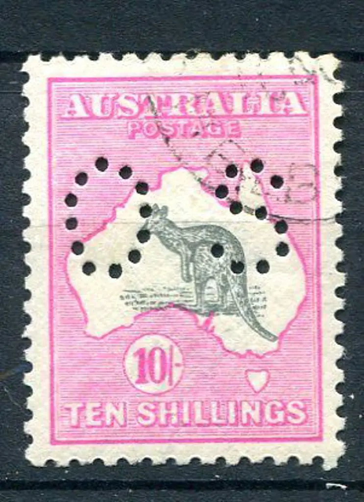 1918 10/- grey & pink, 3rd wmk perfined "OS". CTO ... Image 1++