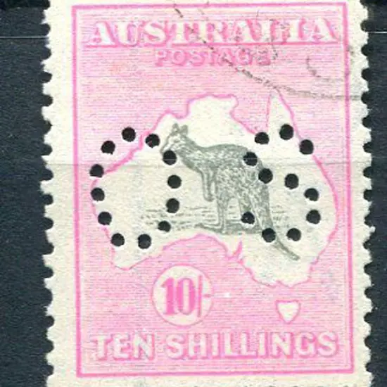 1915/28 10/- grey & pale aniline-pink perfined ...