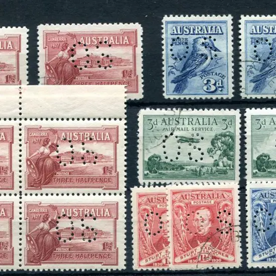 1927-1930 Commems perfined "OS" incl 1½d Canberra ...