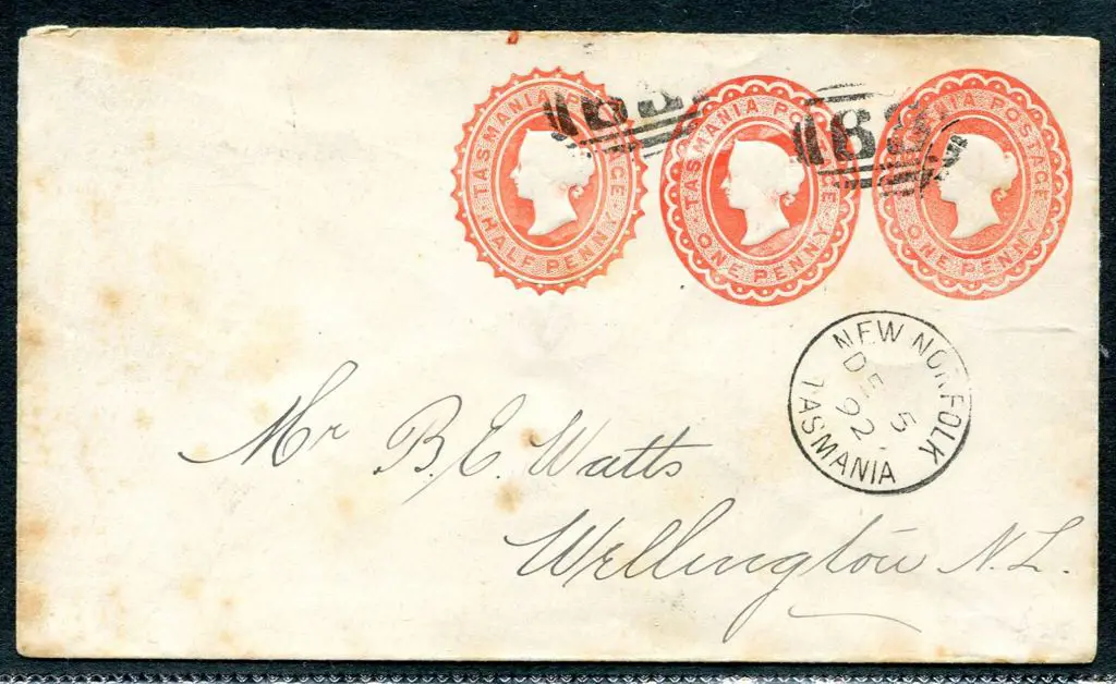 1892 1d pinkish-red QV x 3 embossing's on env tied ... Image 1++