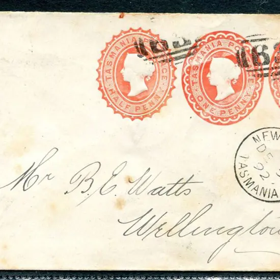 1892 1d pinkish-red QV x 3 embossing's on env tied ...