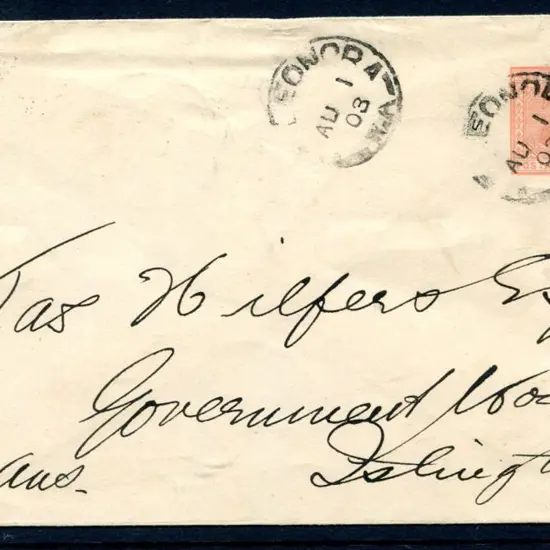 1902 1d rose envelope fine used with 2 Leonora ...