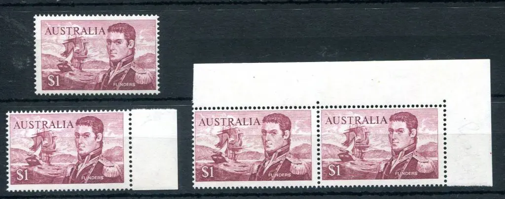 1966 $1 Flinders perf. 14¾ in top marginal pair & ... Image 1++