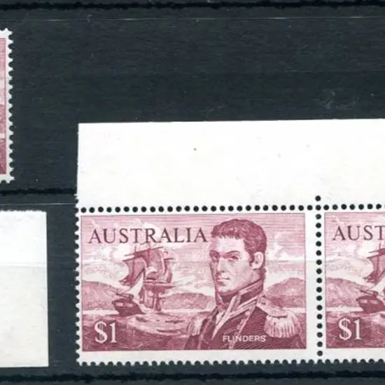 1966 $1 Flinders perf. 14¾ in top marginal pair & ...