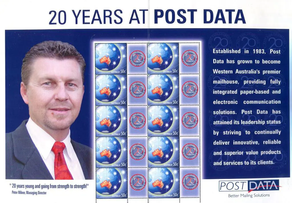 2003 $5 "20 Years at Post Data" SES sheet with 10 ... Image 1++
