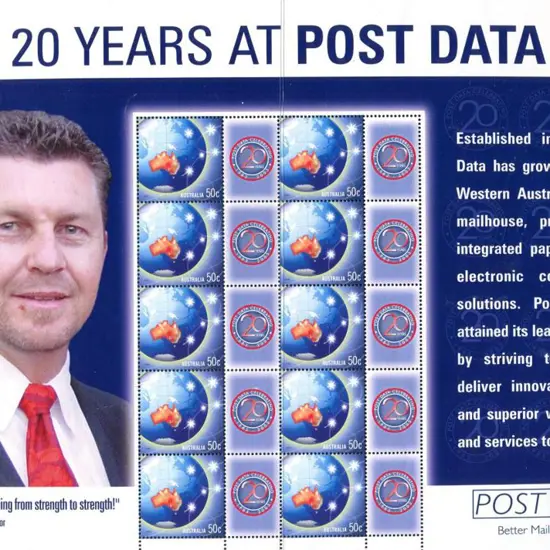 2003 $5 "20 Years at Post Data" SES sheet with 10 ...