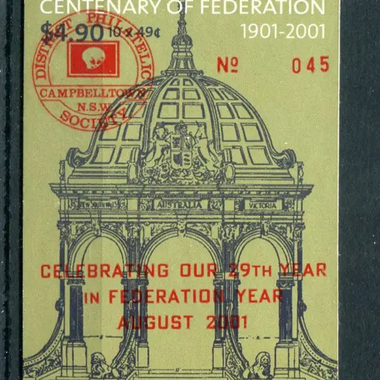 2001 $4.90 Federation ovptd "Celebrating our 29th ...