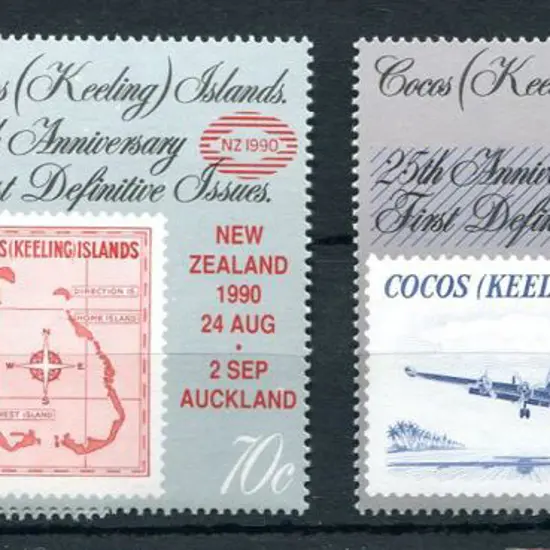 1990 $5 on 65c ovptd Constellation x 2 & NZ 1990 ...