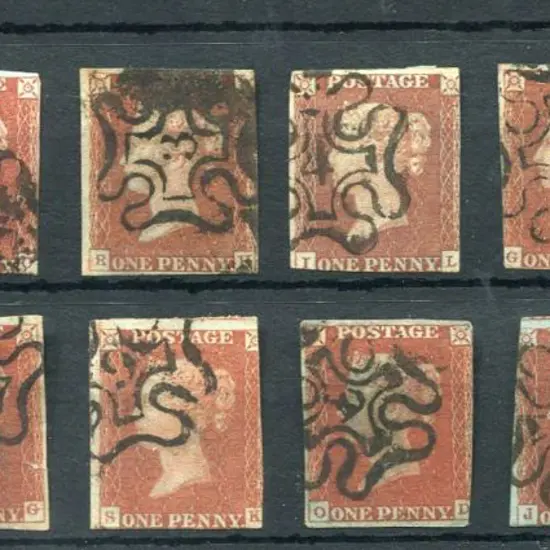 1841 1d red selection with numbered Maltese Cross ...