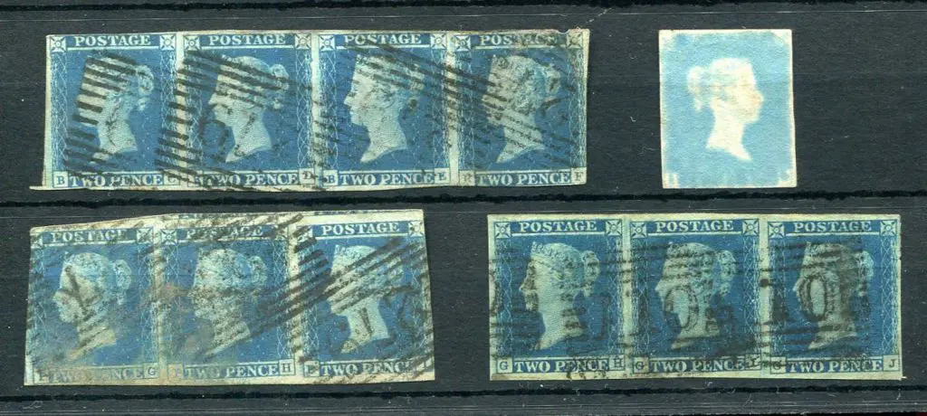 1841 2d blue imperf horiz strip of 4 (BC/BF) plus ... Image 1++