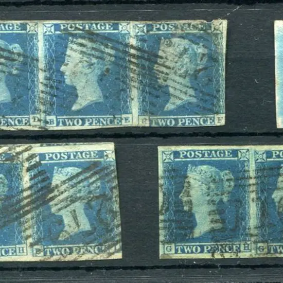 1841 2d blue imperf horiz strip of 4 (BC/BF) plus ...