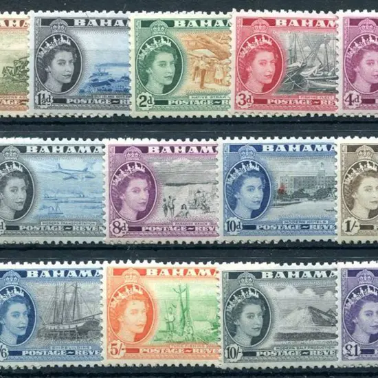 Bahamas 1954/63 QEII Pictorials set of 16 to £1. ...