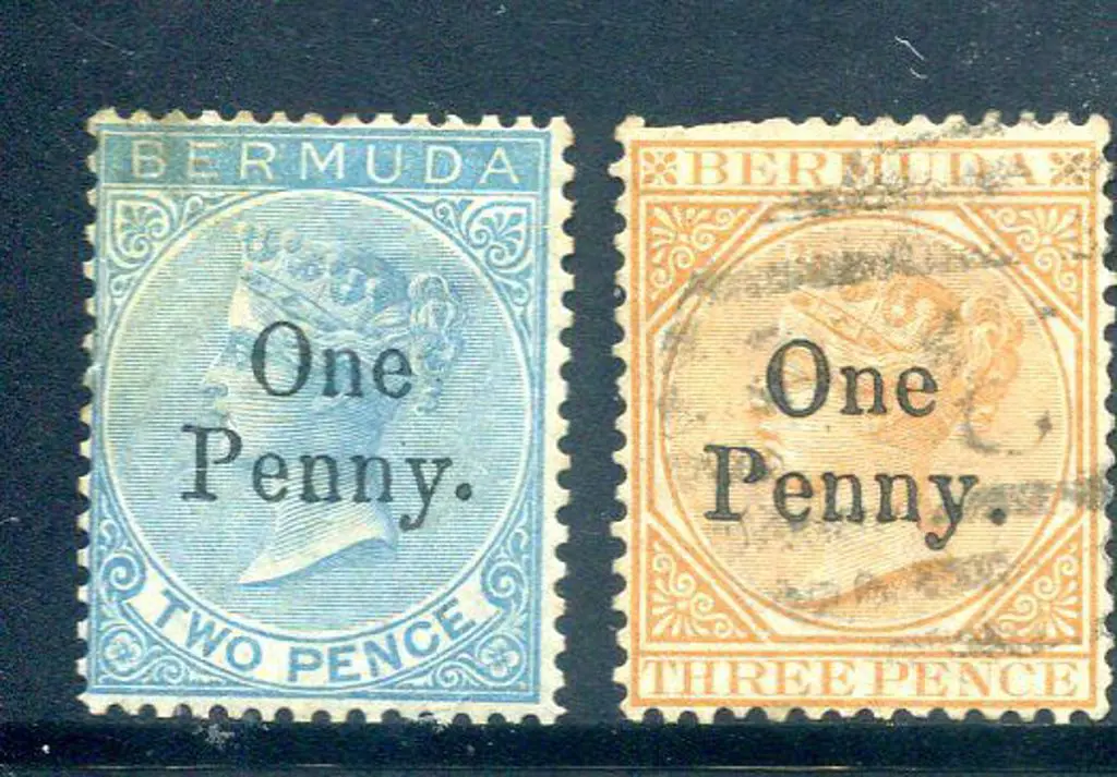 Bermuda 1875 "One Penny." surcharges on 2d blue. ... Image 1++