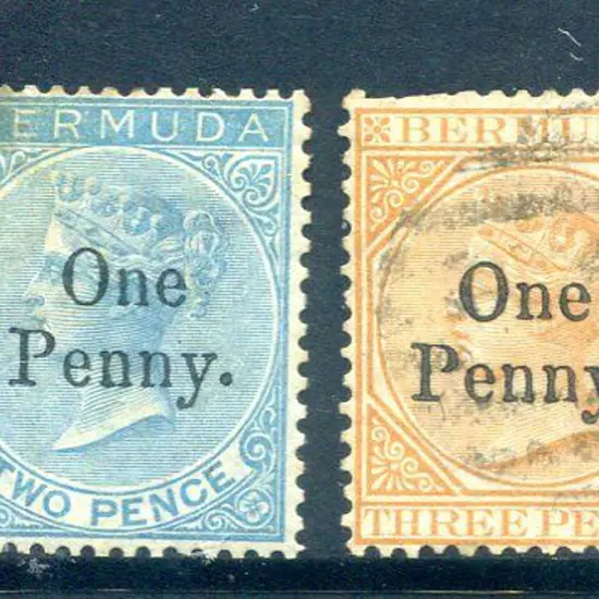 Bermuda 1875 "One Penny." surcharges on 2d blue. ...
