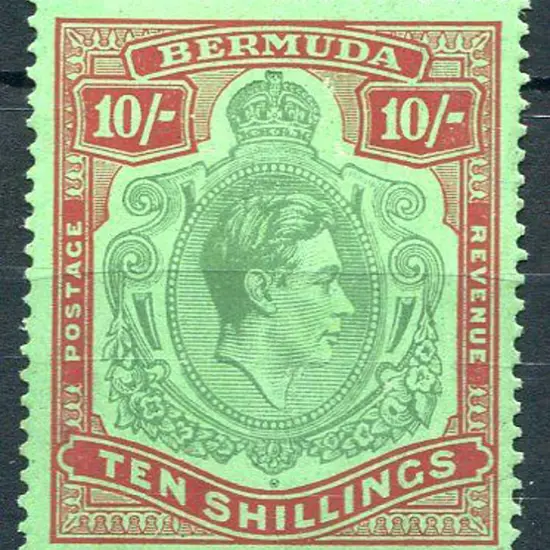 Bermuda 1938/53 10/- green & deep lake on pale ...