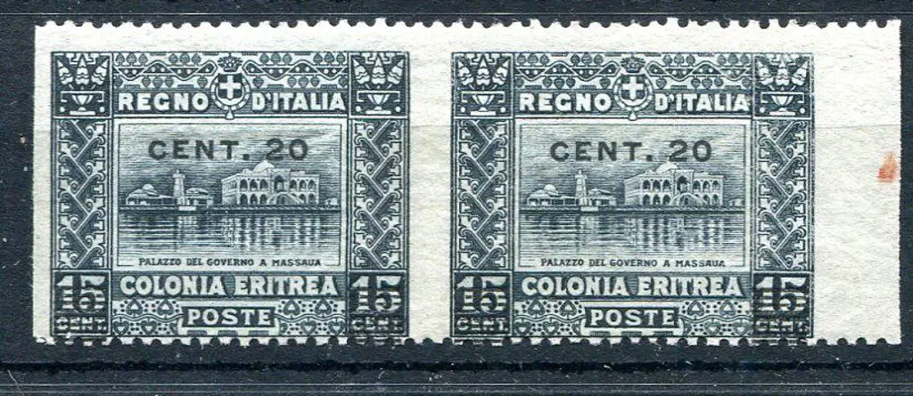 Eritrea 1916 20¢ on 15¢ slate horiz pair imperf ... Image 1++