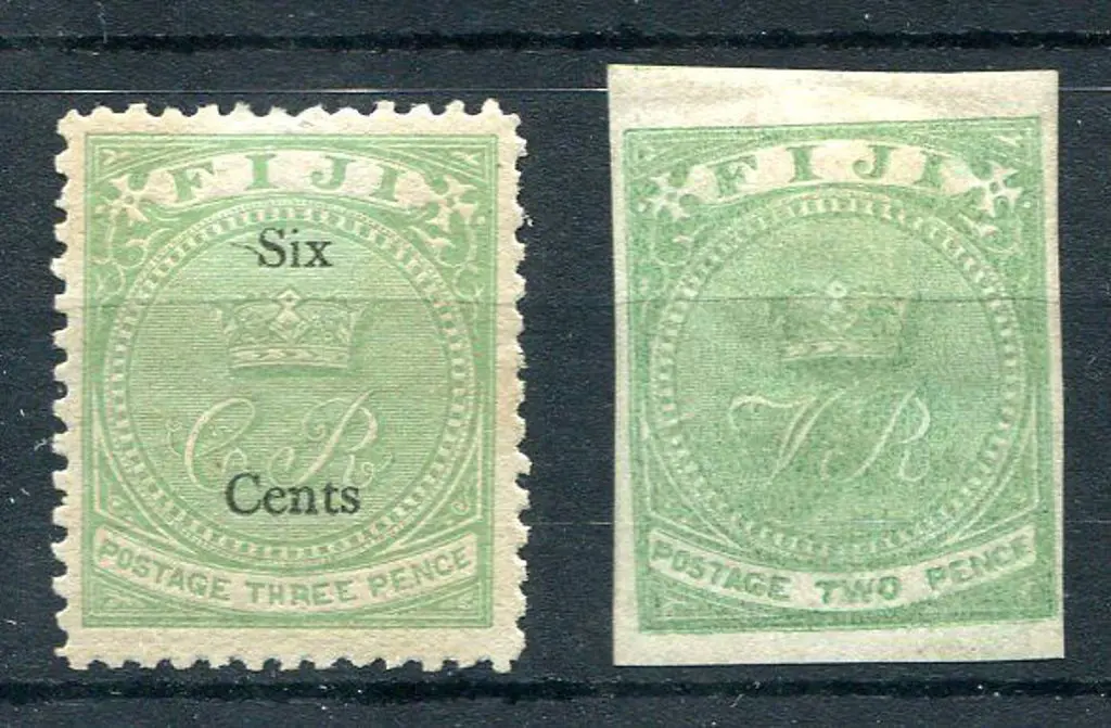 Fiji 1872 6¢ on 3d yellow-green (SG 14, Cat. £95) ... Image 1++