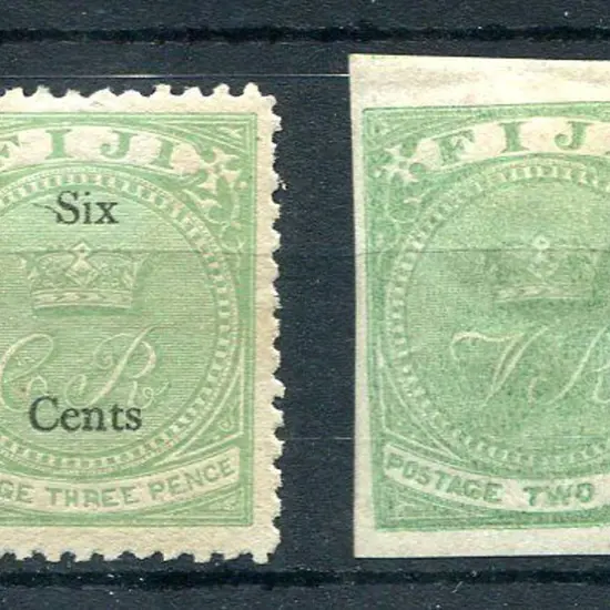 Fiji 1872 6¢ on 3d yellow-green (SG 14, Cat. £95) ...