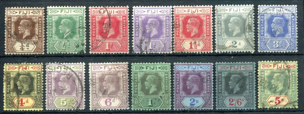 Fiji 1922/27 ¼d to 5/- KGV, script wmk. Fine used. ... Image 1++