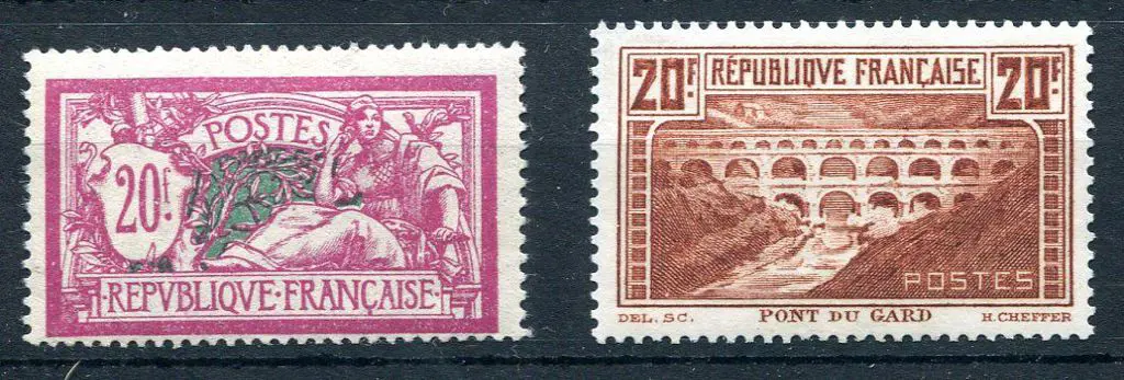 France 1920 20f Merson & 20f Pont du Gard. Both ... Image 1++