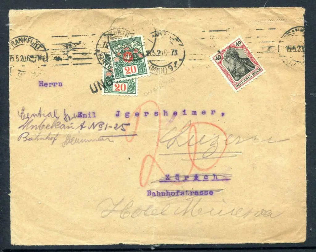 Germany 1920 (15th May) Taxed front to Zurich with ... Image 1++