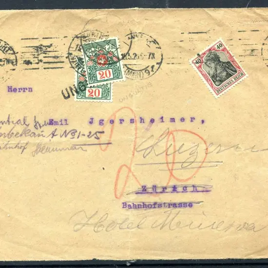 Germany 1920 (15th May) Taxed front to Zurich with ...