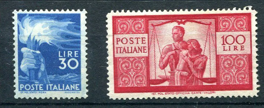 Italy 1945/48 30l blue & 100l carmine. Fine MLH. ... Image 1++