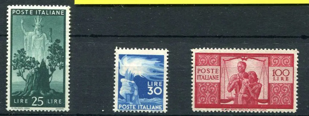 Italy 1945/48 25l green, 30l blue & 100l carmine ... Image 1++