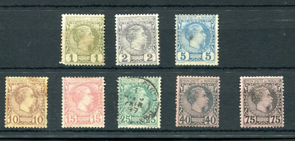 Monaco 1885 Prince Charles III set of 8. 1¢ toned, ... Image 1++