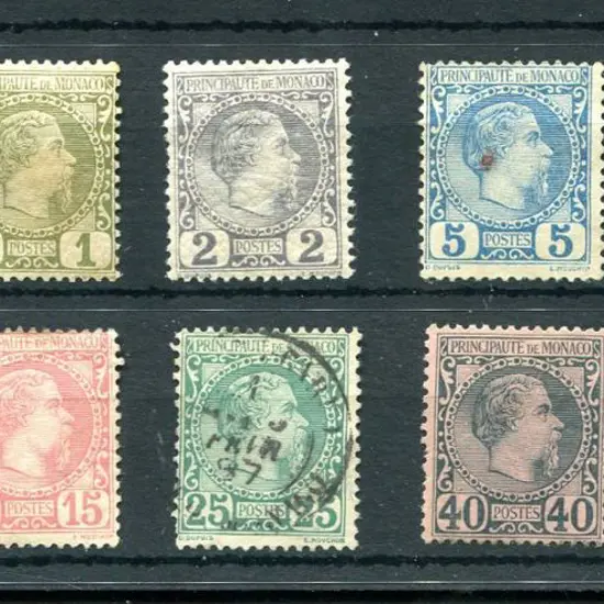 Monaco 1885 Prince Charles III set of 8. 1¢ toned, ...