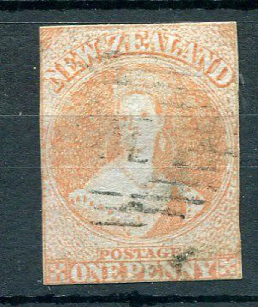 New Zealand 1855/58 1d red on blue paper, touching ... Image 1++