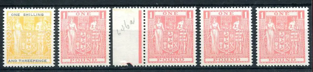 New Zealand 1956/58 1/3d & £1 Wiggins Teape paper ... Image 1++