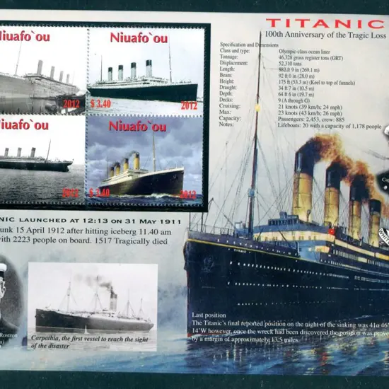 Niuafo'ou 2012 $13.60 Titanic Anniv M/S's x 20. ...